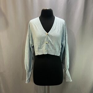 My Girl Crop Cardigan Sweater Womens M/L Light Blue Button Front Balloon Sleeves